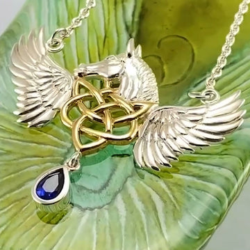 Celtic Pegasus Horse with Wing Silver Necklace with gold plating 14K 2 Micron MNC540